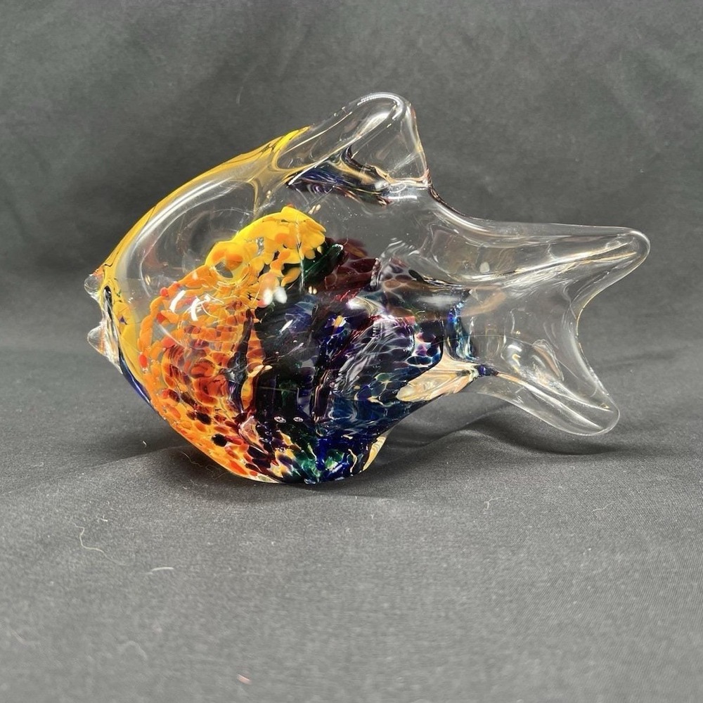 Jim Karg Hand Blown Art Glass Fish Figurine Multicolor Yellow‎ Blue 6.5 inch